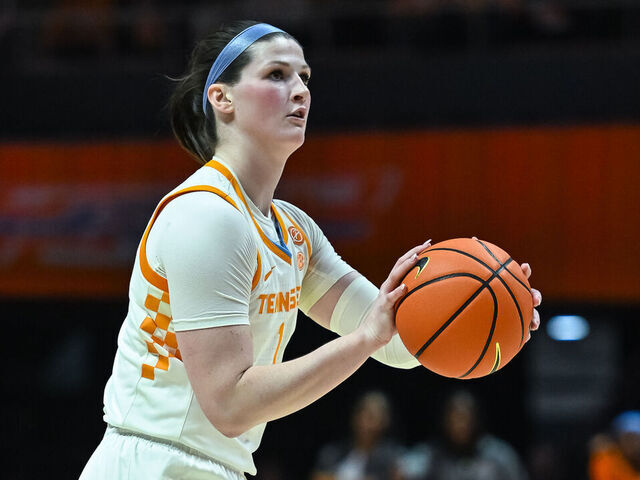 KNOXVILLE, TN - DECEMBER 14: Tennessee Lady Vols guard Sara Puckett (1) sets up for three point shot during a women's college basketball game between the Tennessee Lady Vols and the North Carolina Central Eagles on December 14, 2024, at Food City Center in Knoxville, TN.