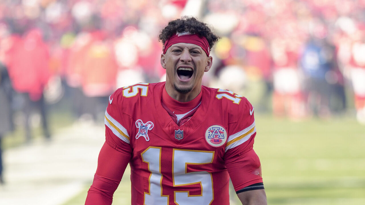 KANSAS CITY, MISSOURI - DECEMBER 21: Patrick Mahomes #15 of the Kansas City Chiefs yells prior to a game against the Houston Texans at GEHA Field at Arrowhead Stadium on December 21, 2024 in Kansas City, Missouri.