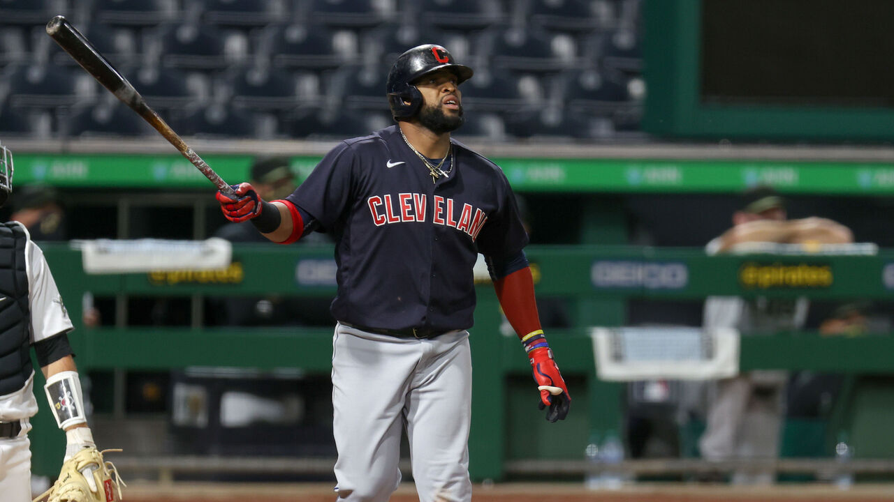 PITTSBURGH, PA - AUGUST 19: Cleveland Indians first baseman Carlos Santana (41) launches a 3-run home run to the right field stands during the sixth inning of the Major League Baseball game between the Cleveland Indians and Pittsburgh Pirates on August 19, 2020, at PNC Park in Pittsburgh PA.