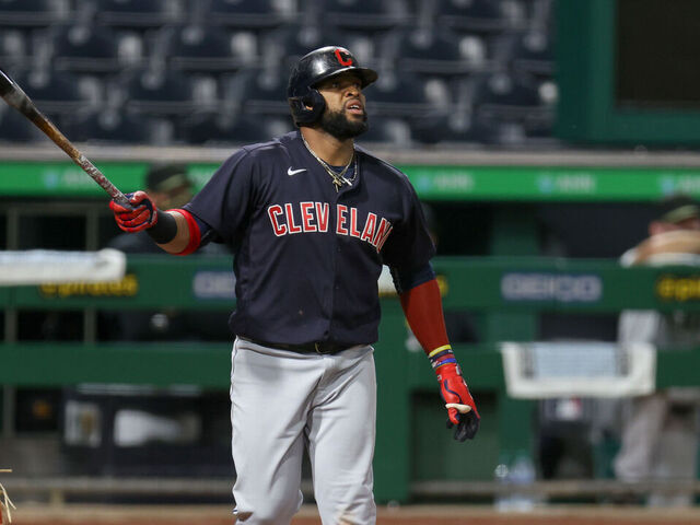 PITTSBURGH, PA - AUGUST 19: Cleveland Indians first baseman Carlos Santana (41) launches a 3-run home run to the right field stands during the sixth inning of the Major League Baseball game between the Cleveland Indians and Pittsburgh Pirates on August 19, 2020, at PNC Park in Pittsburgh PA.