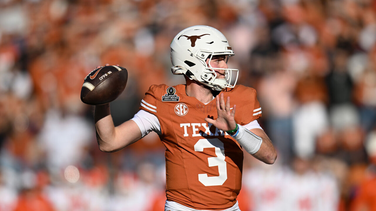 AUSTIN, TEXAS - DECEMBER 21: Quinn Ewers #3 of the Texas Longhorns throws the ball during the first quarter against the Clemson Tigers in the Playoff First Round Game at Darrell K Royal-Texas Memorial Stadium on December 21, 2024 in Austin, Texas.