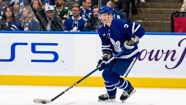 TORONTO, ON - OCTOBER 14: John Klingberg #3 of the Toronto Maple Leafs skates with the puck against the Minnesota Wild during the third period at the Scotiabank Arena on October 14, 2023 in Toronto, Ontario, Canada.