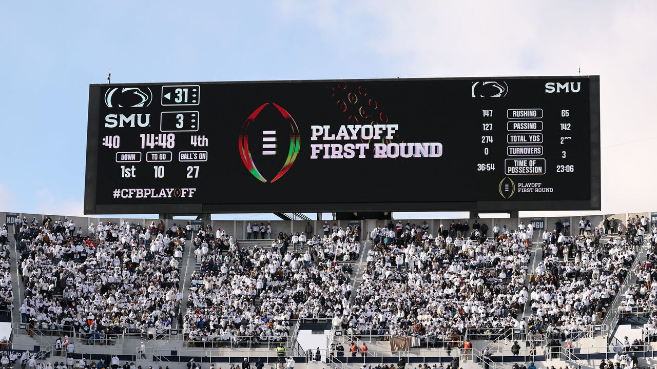 STATE COLLEGE, PENNSYLVANIA - DECEMBER 21: A view of the scoreboard during the fourth quarter between the Southern Methodist Mustangs and Penn State Nittany Lions in the Playoff First Round Game at Beaver Stadium on December 21, 2024 in State College, Pennsylvania.