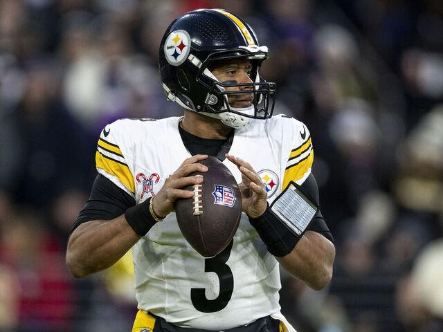 BALTIMORE, MARYLAND - DECEMBER 21: Russell Wilson #3 of the Pittsburgh Steelers looks to pass during an NFL Football game against the Baltimore Ravens at M&T Bank Stadium on December 21, 2024 in Baltimore, Maryland.