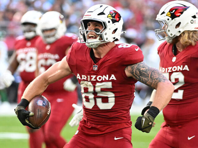 GLENDALE, ARIZONA - NOVEMBER 10: Kyler Murray #1 of the Arizona Cardinals celebrates after making a catch against the New York Jets at State Farm Stadium on November 10, 2024 in Glendale, Arizona.