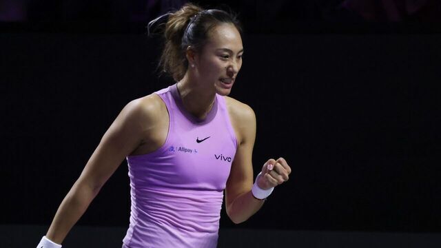 Zheng Qinwen of China reacts during the final match against Coco Gauff of the United States at WTA Finals tennis tournament in Riyadh, Saudi Arabia, Nov. 9, 2024.