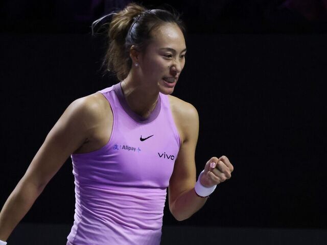 Zheng Qinwen of China reacts during the final match against Coco Gauff of the United States at WTA Finals tennis tournament in Riyadh, Saudi Arabia, Nov. 9, 2024.