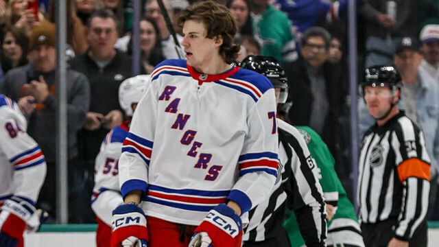 DALLAS, TX - DECEMBER 20: New York Rangers center Matt Rempe (73) gets a game misconduct penalty and leaves the ice during the game between the Dallas Stars and the New York Rangers on December 20, 2024 at American Airlines Center in Dallas, Texas.