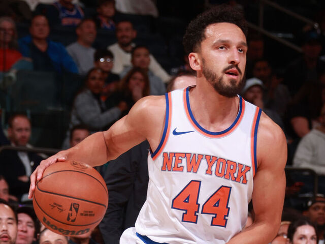 NEW YORK, NY - OCTOBER 15: Landry Shamet #44 of the New York Knicks dribbles the ball during the game against the Charlotte Hornets during the 2024 NBA Preseason on October 15, 2024 at Madison Square Garden in New York City, New York. Mandatory Copyright Notice: Copyright 2024 NBAE