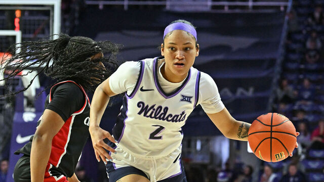 MANHATTAN, KS - DECEMBER 22: Temira Poindexter #2 of the Kansas State Wildcats dribbles the ball up court in the second half against the Cincinnati Bearcats at Bramlage Coliseum on December 22, 2024 in Manhattan, Kansas.