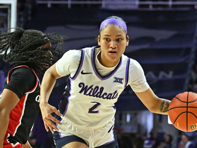 MANHATTAN, KS - DECEMBER 22: Temira Poindexter #2 of the Kansas State Wildcats dribbles the ball up court in the second half against the Cincinnati Bearcats at Bramlage Coliseum on December 22, 2024 in Manhattan, Kansas.