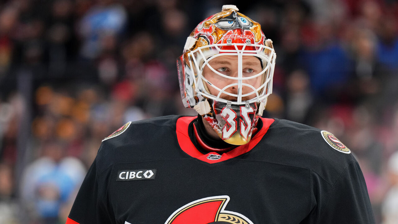 OTTAWA, CANADA - DECEMBER 14: Linus Ullmark #35 of the Ottawa Senators looks on during warmup prior to an NHL game against the Pittsburgh Penguins at Canadian Tire Centre on December 14, 2024 in Ottawa, Ontario, Canada.