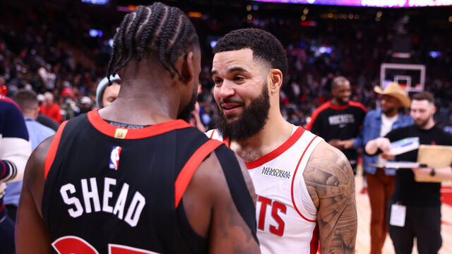 TORONTO, CANADA - DECEMBER 22: Fred VanVleet #5 of the Houston Rockets and Jamal Shead #23 of the Toronto Raptors after the game on December 22, 2024 at the Scotiabank Arena in Toronto, Ontario, Canada. Mandatory Copyright Notice: Copyright 2024 NBAE