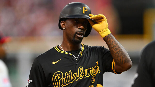 CLEVELAND, OHIO - AUGUST 31: Andrew McCutchen #22 of the Pittsburgh Pirates looks on during the seventh inning against the Cleveland Guardians at Progressive Field on August 31, 2024 in Cleveland, Ohio.