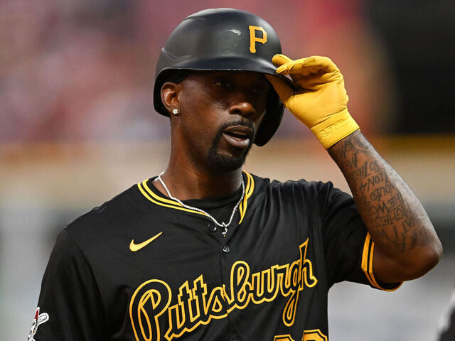 CLEVELAND, OHIO - AUGUST 31: Andrew McCutchen #22 of the Pittsburgh Pirates looks on during the seventh inning against the Cleveland Guardians at Progressive Field on August 31, 2024 in Cleveland, Ohio.