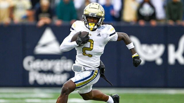 ATLANTA, GA SEPTEMBER 14: Georgia Tech wide receiver Eric Singleton Jr. (2) runs with the ball during the college football game between the Virginia Military Institute Keydets and the Georgia Tech Yellow Jackets on September 14th, 2024 at Bobby Dodd Stadium in Atlanta, GA.