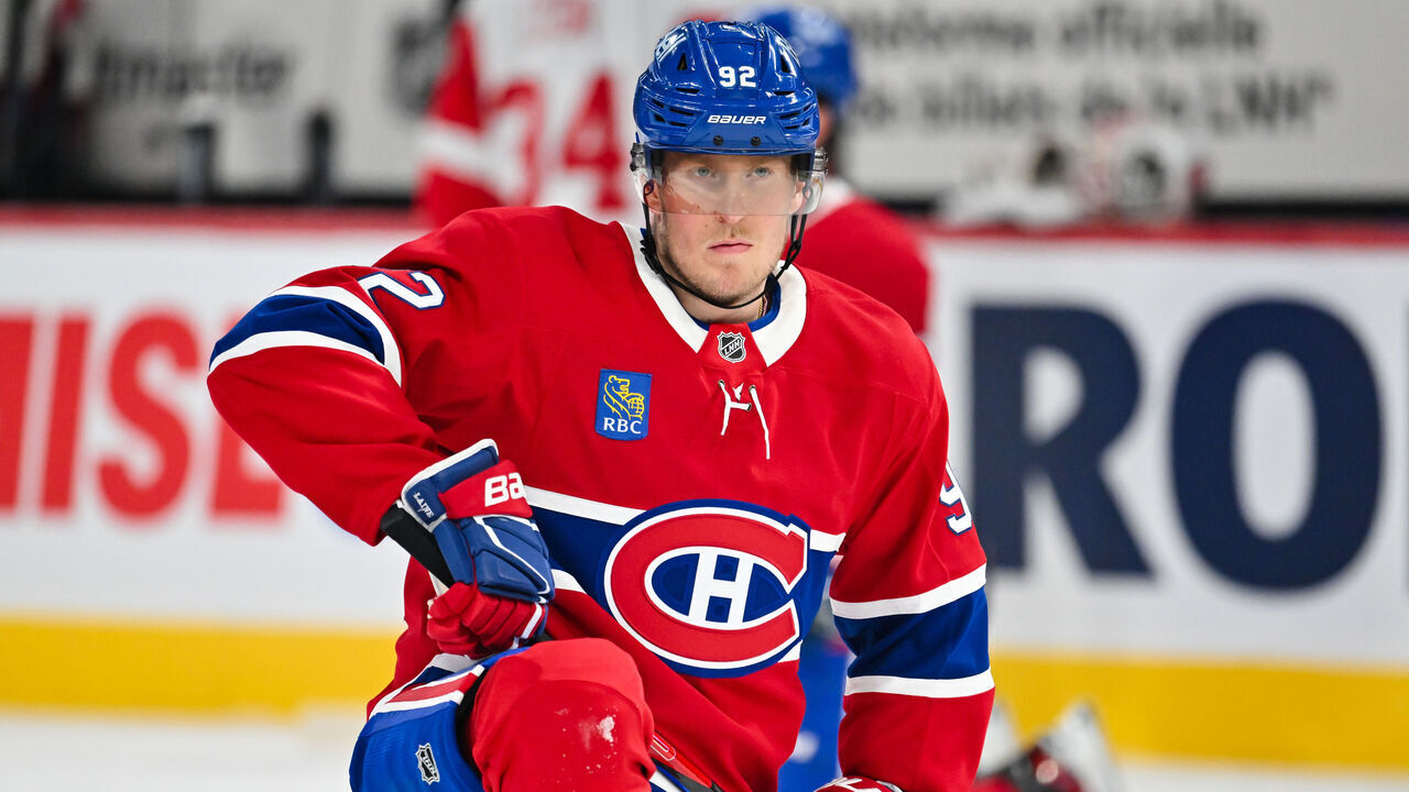 MONTREAL, CANADA - DECEMBER 21: Patrik Laine #92 of the Montreal Canadiens stretches during the warmups prior to the game against the Detroit Red Wings at the Bell Centre on December 21, 2024 in Montreal, Quebec, Canada. The Montreal Canadiens defeated the Detroit Red Wings 5-1.