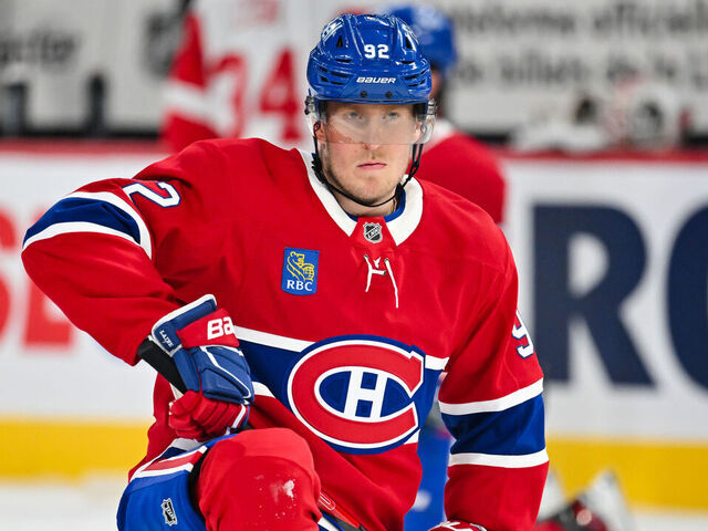 MONTREAL, CANADA - DECEMBER 21: Patrik Laine #92 of the Montreal Canadiens stretches during the warmups prior to the game against the Detroit Red Wings at the Bell Centre on December 21, 2024 in Montreal, Quebec, Canada. The Montreal Canadiens defeated the Detroit Red Wings 5-1.