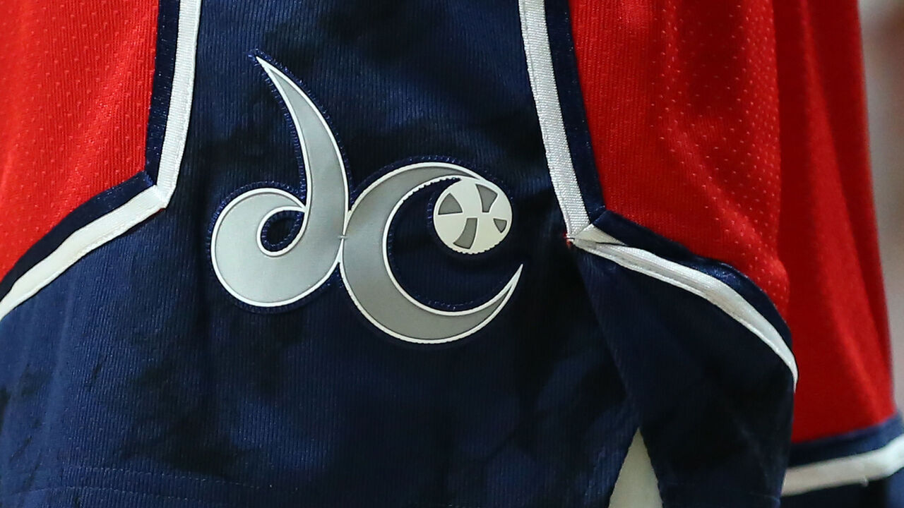 UNCASVILLE, CT - MAY 21: General view of the Washington Mystics logo on a pair of game shorts during a WNBA against the Connecticut Sun on May 21, 2023, at Mohegan Sun Arena in Uncasville, CT.