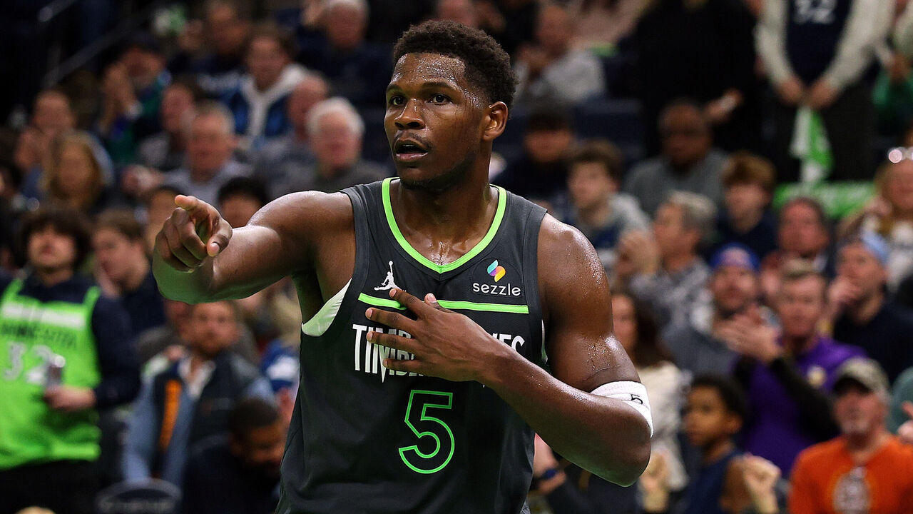 MINNEAPOLIS, MINNESOTA - NOVEMBER 26: Anthony Edwards #5 of the Minnesota Timberwolves reacts against the Houston Rockets in the third quarter during the Emirates NBA Cup at Target Center on November 26, 2024 in Minneapolis, Minnesota. The Rockets defeated the Timberwolves 117-111 in overtime.