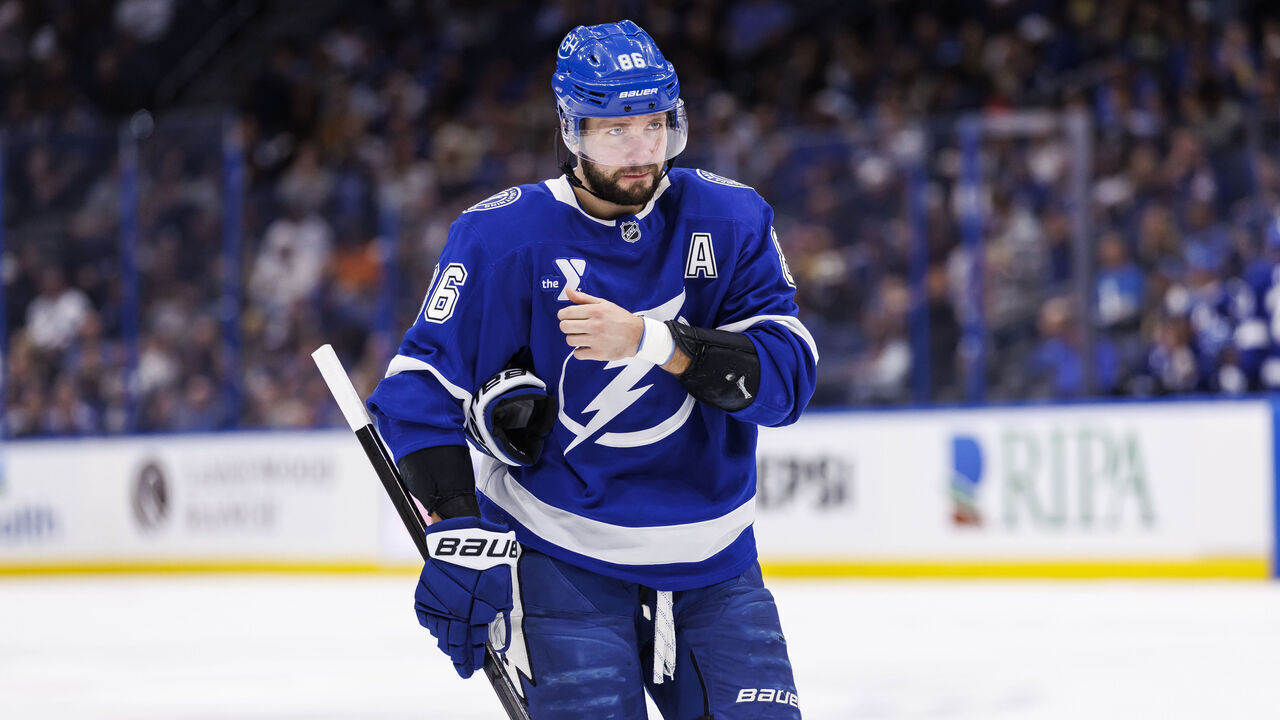 TAMPA, FL - DECEMBER 19: Nikita Kucherov #86 of the Tampa Bay Lightning skates against the St Louis Blues at Amalie Arena on December 19, 2024 in Tampa, Florida.