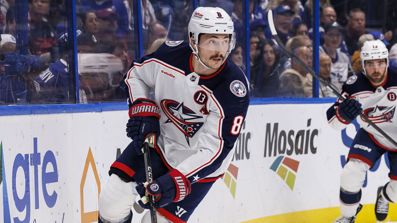 TAMPA, FL - DECEMBER 17: Zach Werenski #8 of the Columbus Blue Jackets against the Tampa Bay Lightning at Amalie Arena on December 17, 2024 in Tampa, Florida.