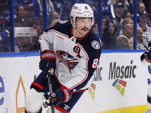 TAMPA, FL - DECEMBER 17: Zach Werenski #8 of the Columbus Blue Jackets against the Tampa Bay Lightning at Amalie Arena on December 17, 2024 in Tampa, Florida.