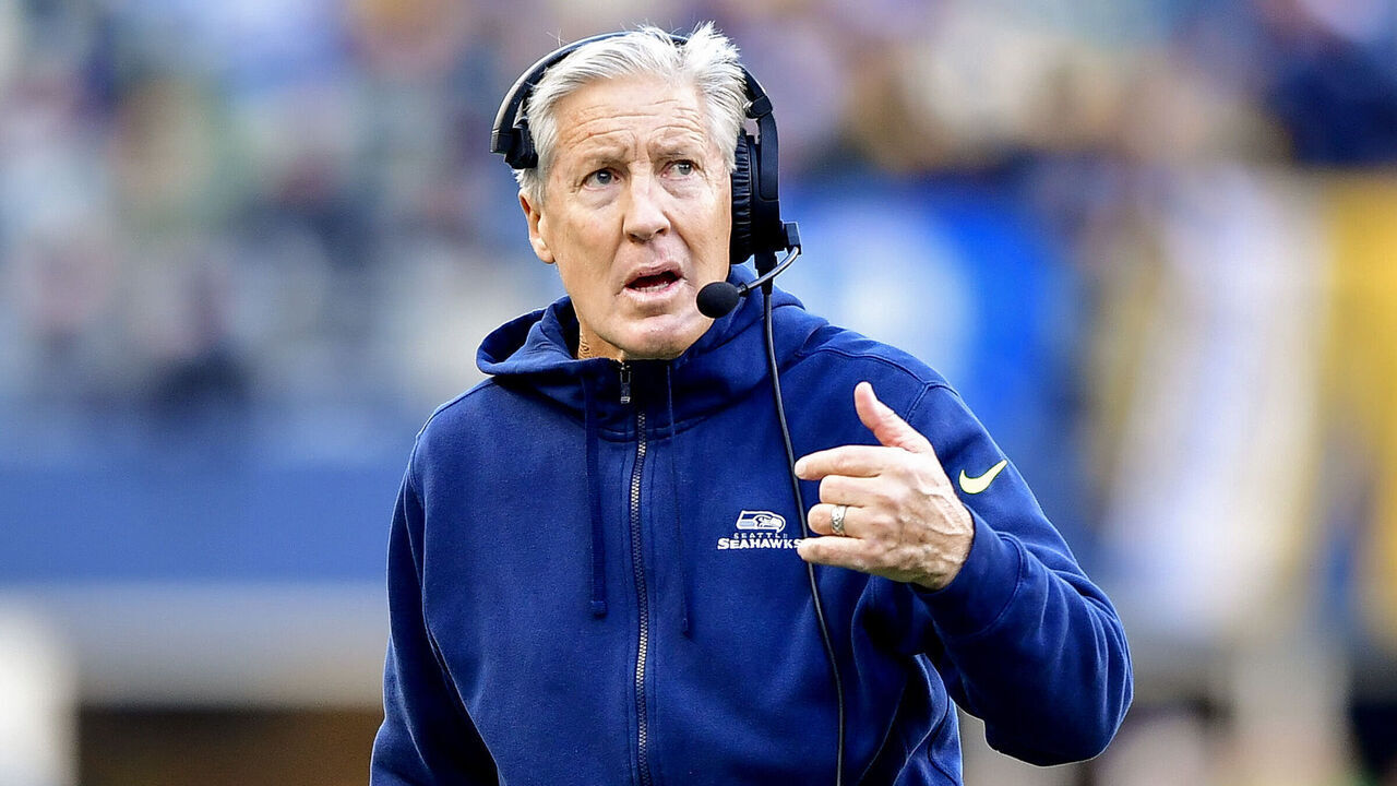 SEATTLE, WASHINGTON - DECEMBER 31: Head coach Pete Carroll of the Seattle Seahawks looks on during the first half of a game against the Pittsburgh Steelers at Lumen Field on December 31, 2023 in Seattle, Washington.