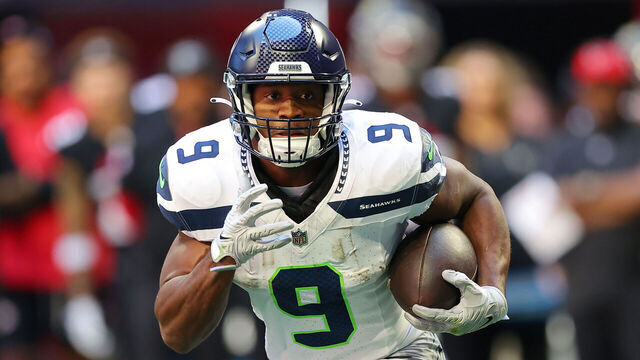 ATLANTA, GEORGIA - OCTOBER 20: Kenneth Walker III #9 of the Seattle Seahawks runs with the ball during the first quarter against the Atlanta Falcons at Mercedes-Benz Stadium on October 20, 2024 in Atlanta, Georgia.