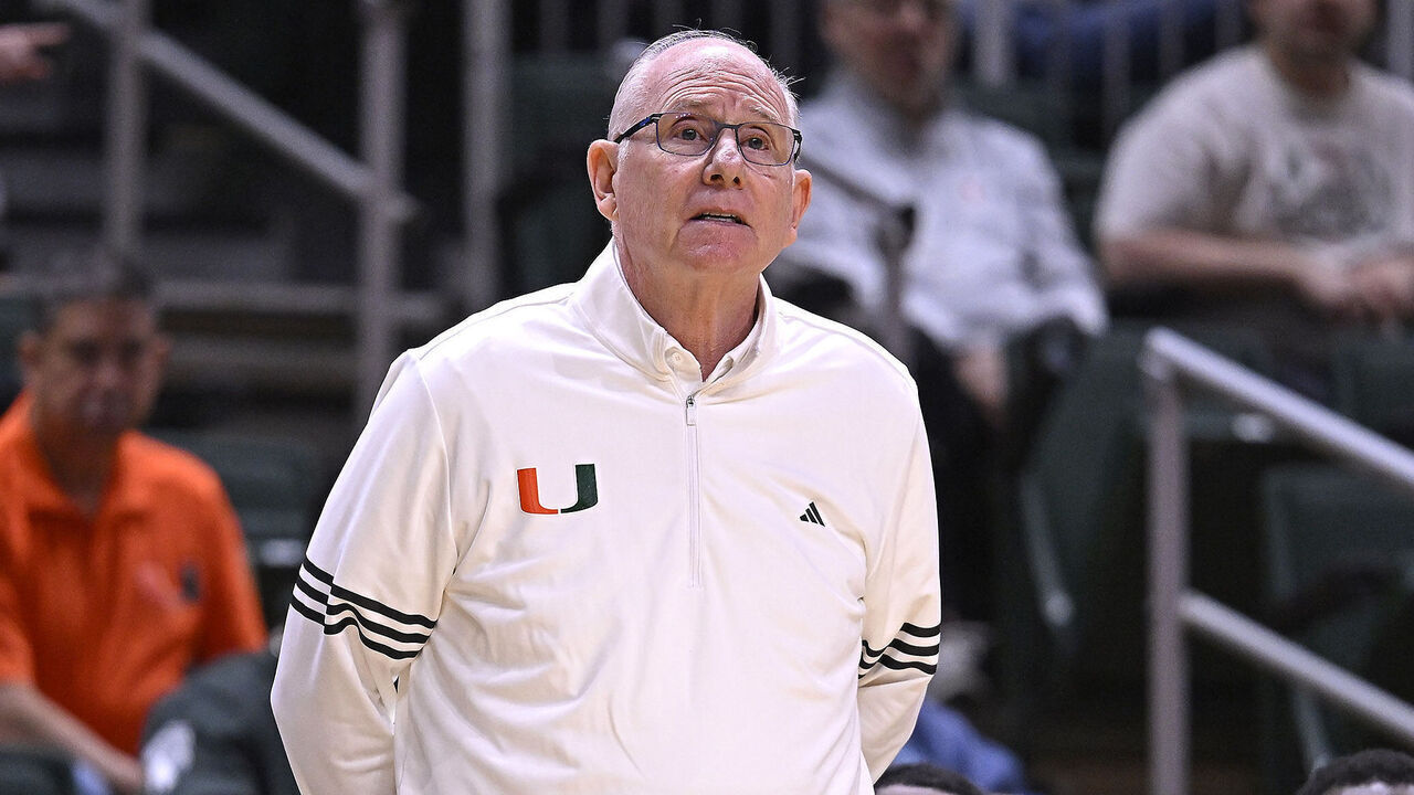CORAL GABLES, FL - DECEMBER 21: Miami Head Coach Jim Larrañaga (Larranaga) watches his players in the second half as the Miami Hurricanes faced the Mount St Mary's Mountaineers on December 21, 2024, at the Watsco Center in Coral Gables, Florida.