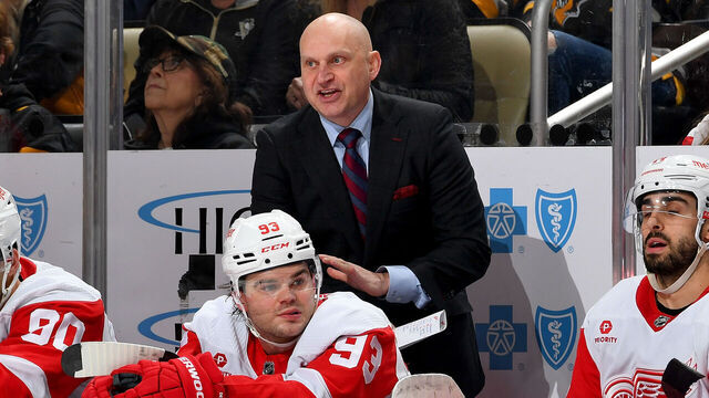 PITTSBURGH, PA - APRIL 06: Derek Lalonde of the Detroit Red Wings looks on against the Pittsburgh Penguins at PPG PAINTS Arena on April 6, 2024 in Pittsburgh, Pennsylvania.