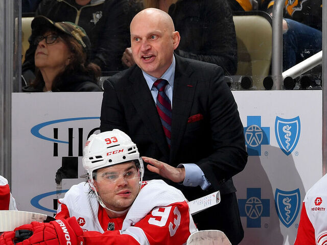 PITTSBURGH, PA - APRIL 06: Derek Lalonde of the Detroit Red Wings looks on against the Pittsburgh Penguins at PPG PAINTS Arena on April 6, 2024 in Pittsburgh, Pennsylvania.