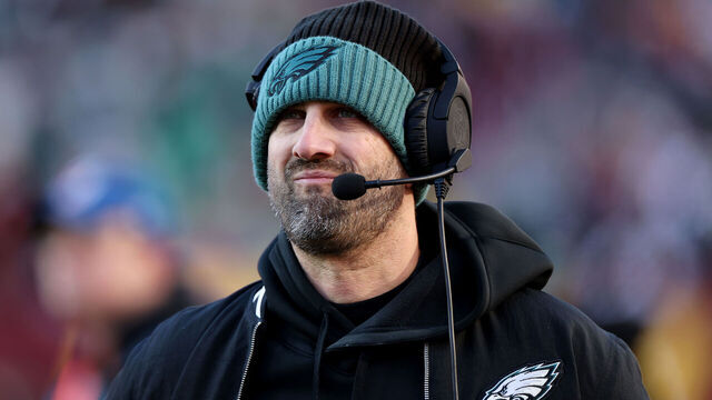 LANDOVER, MARYLAND - DECEMBER 22: Head coach Nick Sirianni of the Philadelphia Eagles looks on against the Washington Commanders during the second quarter at Northwest Stadium on December 22, 2024 in Landover, Maryland.