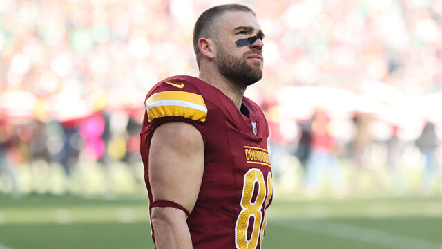 LANDOVER, MARYLAND - DECEMBER 22: Zach Ertz #86 of the Washington Commanders looks on against the Philadelphia Eagles at Northwest Stadium on December 22, 2024 in Landover, Maryland.