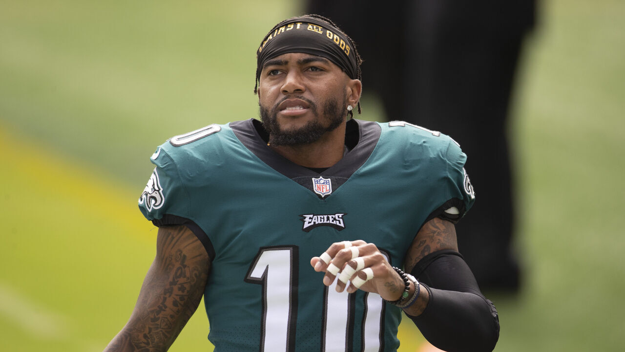 PHILADELPHIA, PA - SEPTEMBER 27: DeSean Jackson #10 of the Philadelphia Eagles looks on prior to the game against the Cincinnati Bengals at Lincoln Financial Field on September 27, 2020 in Philadelphia, Pennsylvania.