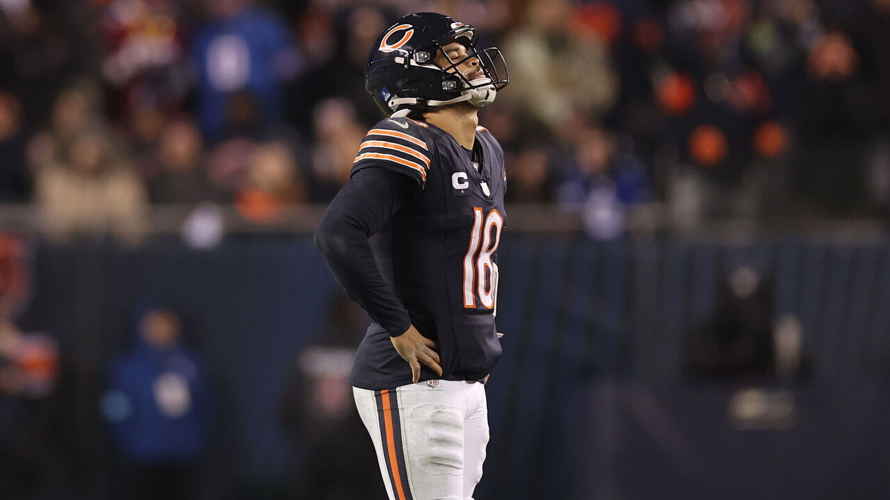 CHICAGO, ILLINOIS - DECEMBER 26: Caleb Williams #18 of the Chicago Bears looks on against the Seattle Seahawks during the fourth quarter at Soldier Field on December 26, 2024 in Chicago, Illinois.