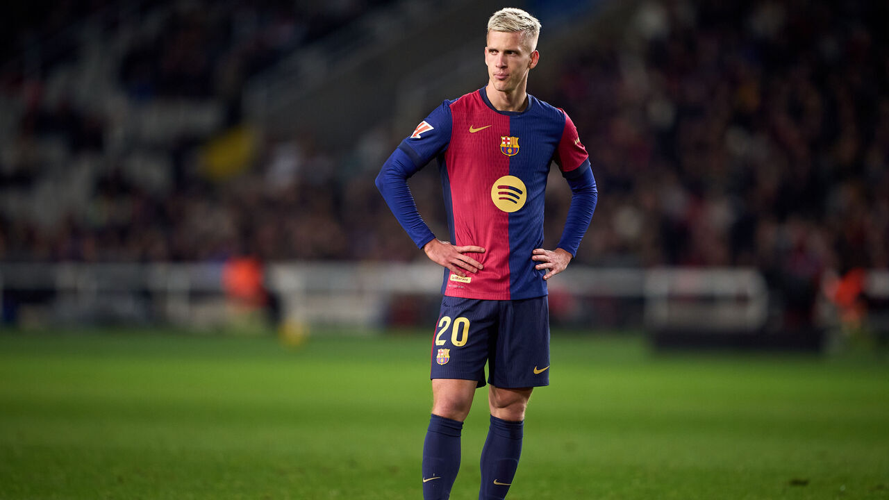 BARCELONA, SPAIN - DECEMBER 15: Dani Olmo of FC Barcelona looks on during the LaLiga match between FC Barcelona and CD Leganes at Estadi Olimpic Lluis Companys on December 15, 2024 in Barcelona, Spain.