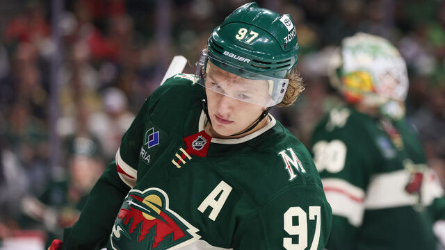 ST. PAUL, MN - DECEMBER 15: Minnesota Wild left wing Kirill Kaprizov (97) looks on during the NHL game between the Vegas Golden Knights and Minnesota Wild on December 15th, 2024, at the Xcel Energy Center in St. Paul, MN.