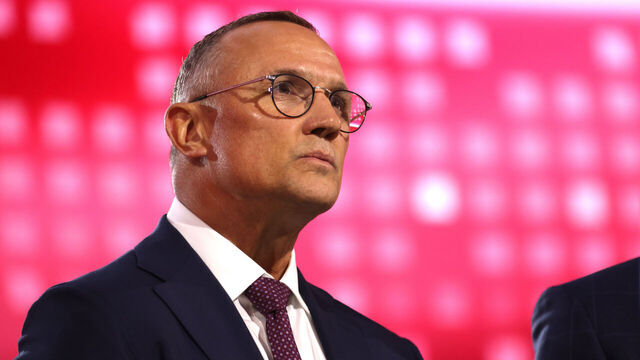 LAS VEGAS, NEVADA - JUNE 28: General manager Steve Yzerman of the Detroit Red Wings looks on from the stage during the first round of the 2024 Upper Deck NHL Draft at Sphere on June 28, 2024 in Las Vegas, Nevada.