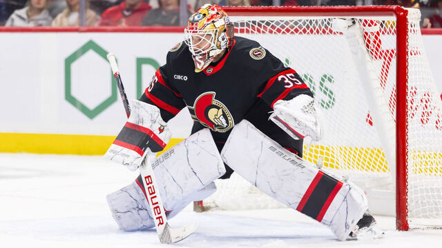 OTTAWA, ON - DECEMBER 14: Ottawa Senators Goalie Linus Ullmark (35) looks to make a save during second period National Hockey League action between the Pittsburgh Penguins and Ottawa Senators on December 14, 2024, at Canadian Tire Centre in Ottawa, ON, Canada.