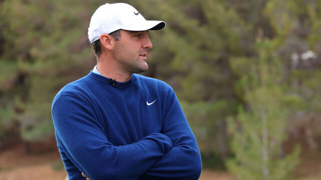 LAS VEGAS, NEVADA - DECEMBER 16: Scottie Scheffler of the PGA Tour looks on before The Showdown: McIlroy and Scheffler v DeChambeau and Koepka at Shadow Creek Golf Course on December 16, 2024 in Las Vegas, Nevada.