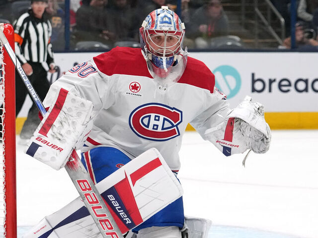 COLUMBUS, OHIO - NOVEMBER 27: Cayden Primeau #30 of the Montreal Canadiens in action during the game against the Columbus Blue Jackets at Nationwide Arena on November 27, 2024 in Columbus, Ohio.