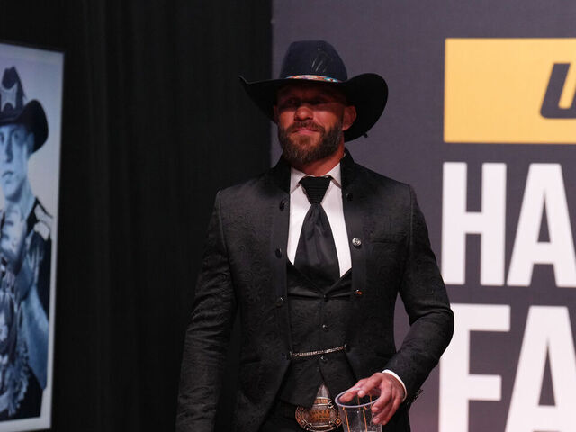 LAS VEGAS, NEVADA - JULY 06: Donald 'Cowboy' Cerrone walks on stage during the UFC Hall of Fame Induction Ceremony at T-Mobile Arena on July 06, 2023 in Las Vegas, Nevada.
