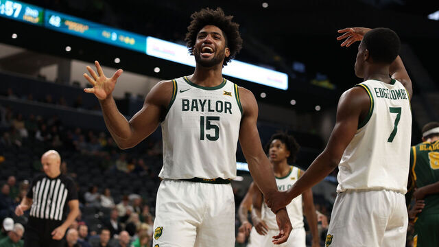 WACO, TEXAS - DECEMBER 11: Norchad Omier #15 of the Baylor Bears reacts during the second half against the Norfolk State Spartans at Foster Pavilion on December 11, 2024 in Waco, Texas.