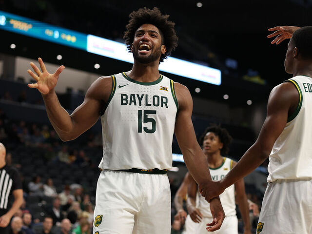 WACO, TEXAS - DECEMBER 11: Norchad Omier #15 of the Baylor Bears reacts during the second half against the Norfolk State Spartans at Foster Pavilion on December 11, 2024 in Waco, Texas.