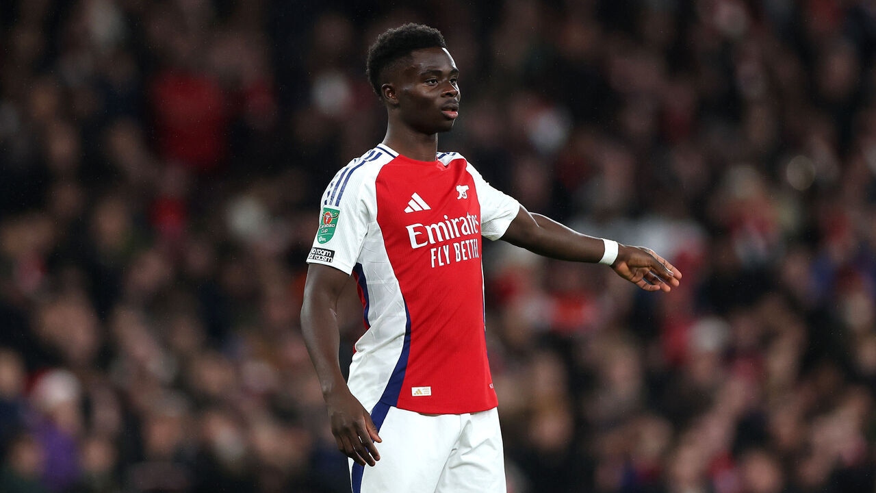 LONDON, ENGLAND - DECEMBER 18: Bukayo Saka of Arsenal during the Carabao Cup Quarter Final match between Arsenal and Crystal Palace at Emirates Stadium on December 18, 2024 in London, England.