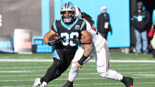 CHARLOTTE, NC - DECEMBER 22: Carolina Panthers running back Chuba Hubbard (30) during an NFL football game between the Arizona Cardinals and the Carolina Panthers on December 22, 2024 at Bank of America Stadium in Charlotte N.C.