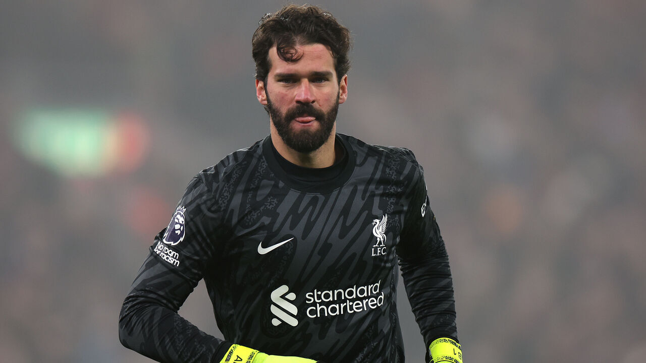 LIVERPOOL, ENGLAND - DECEMBER 26: Alisson Becker of Liverpool during the Premier League match between Liverpool FC and Leicester City FC at Anfield on December 26, 2024 in Liverpool, England.