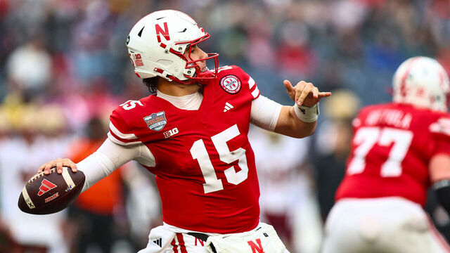 NEW YORK, NEW YORK - DECEMBER 28: Dylan Raiola #15 of the Nebraska Cornhuskers throws a pass during the first quarter of the Bad Boy Mowers Pinstripe Bowl against the Boston College Eagles at Yankee Stadium on December 28, 2024 in New York City.