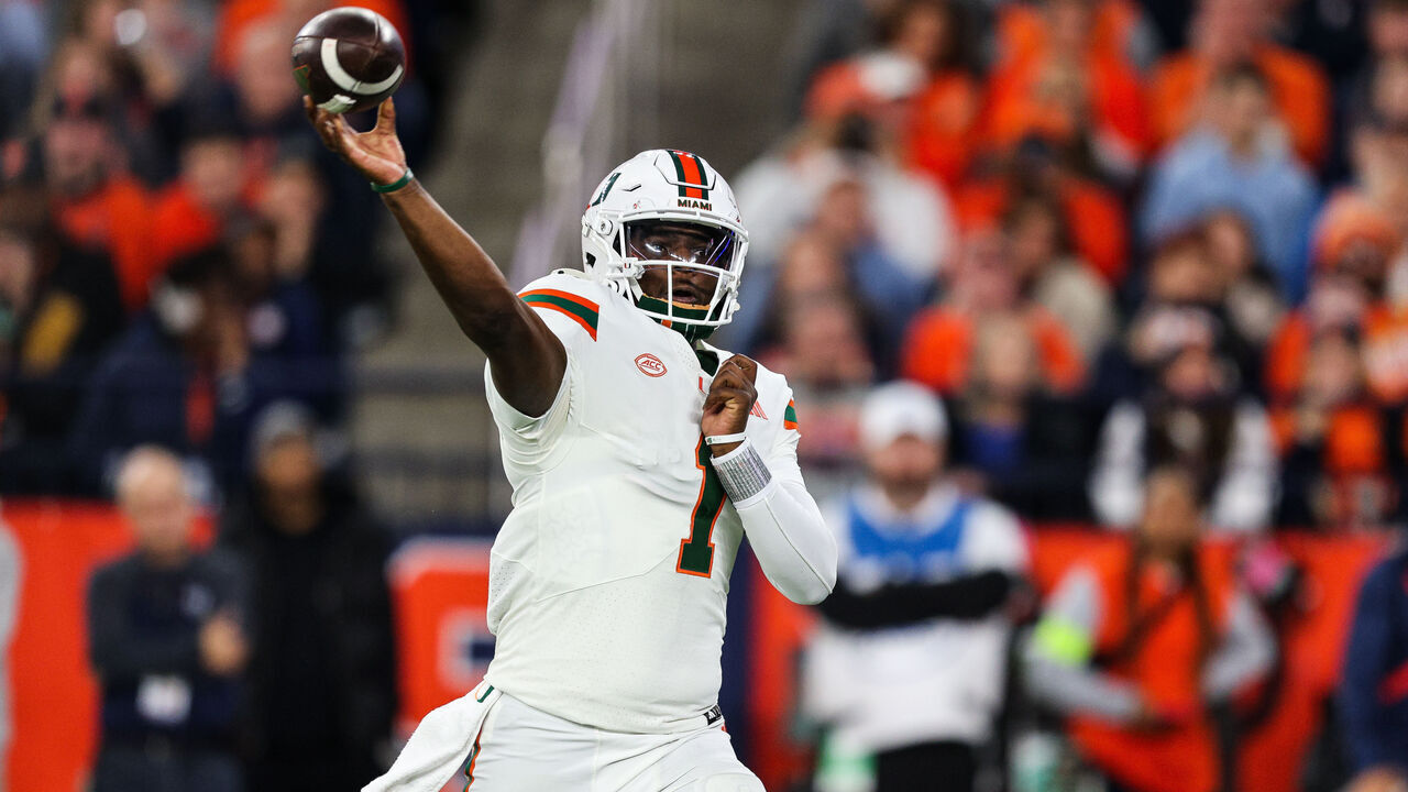 SYRACUSE, NEW YORK - NOVEMBER 30: Cam Ward #1 of the Miami Hurricanes throws a pass during the second quarter against the Syracuse Orange at JMA Wireless Dome on November 30, 2024 in Syracuse, New York.